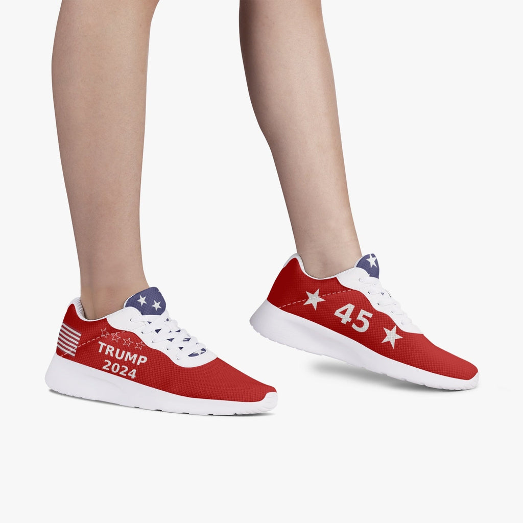 Red Trump Victory sneakers 47 worn, showing 'Trump 2024' flag heel and '45' stars design