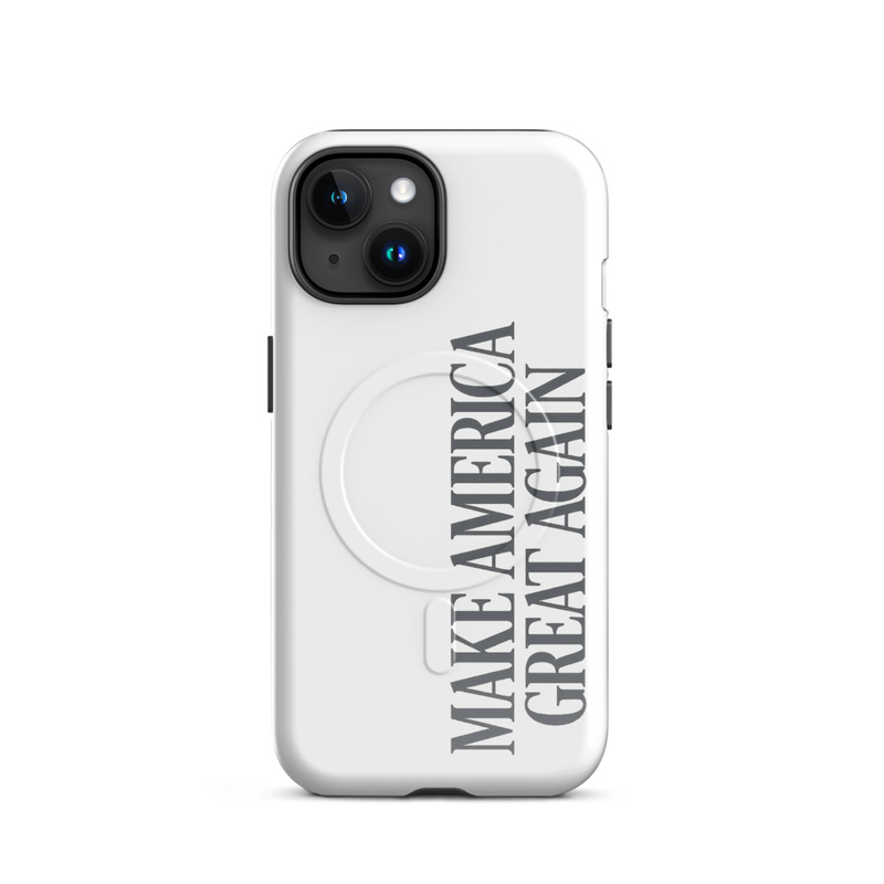 Make America Great Again white MagSafe tough iPhone case, gray vertical text, dual-camera back view