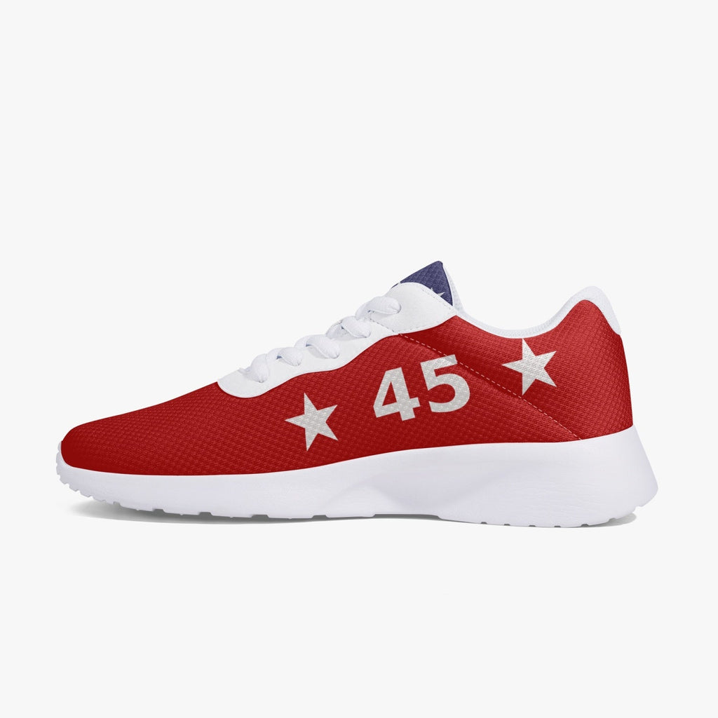 Red Trump Victory sneaker 47, inner side view with '45' and stars, white sole