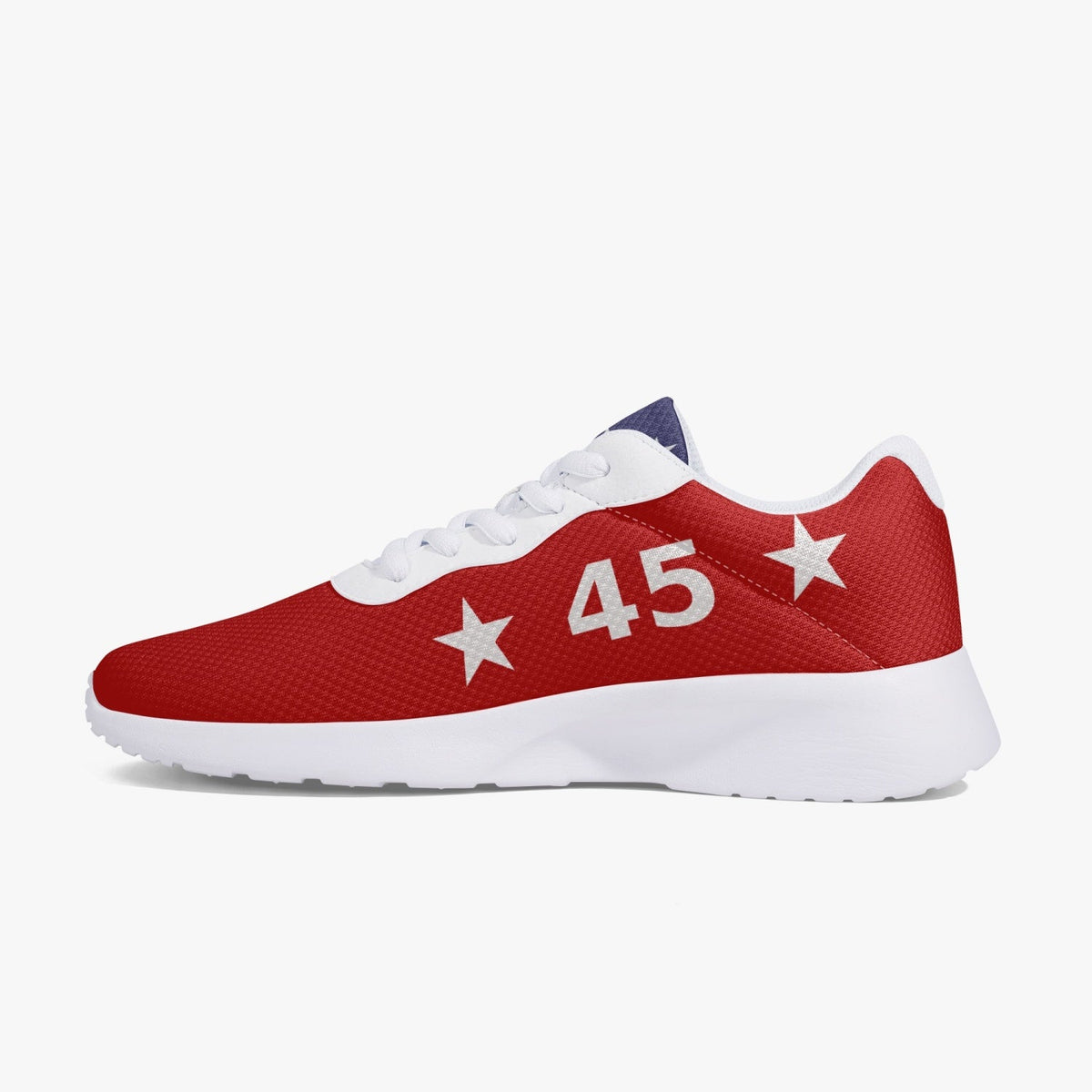 Red Trump Victory sneaker 47, inner side view with '45' and stars, white sole