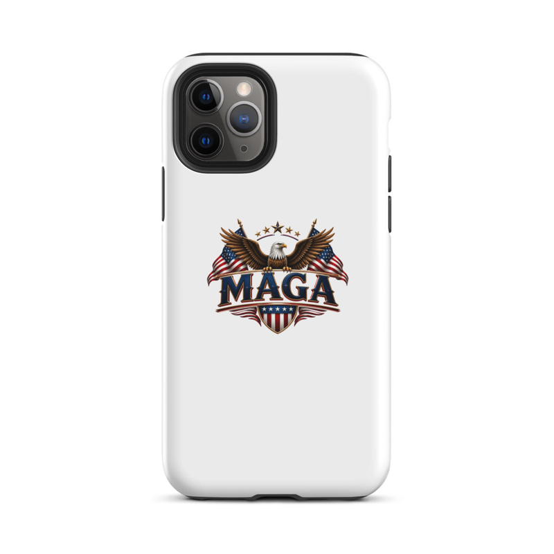 White MAGA eagle tough case for iPhone, triple camera cutout, back view