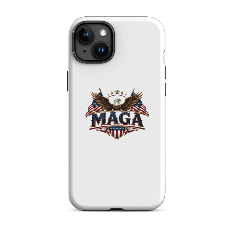 White MAGA eagle tough case for iPhone Plus, dual camera cutout