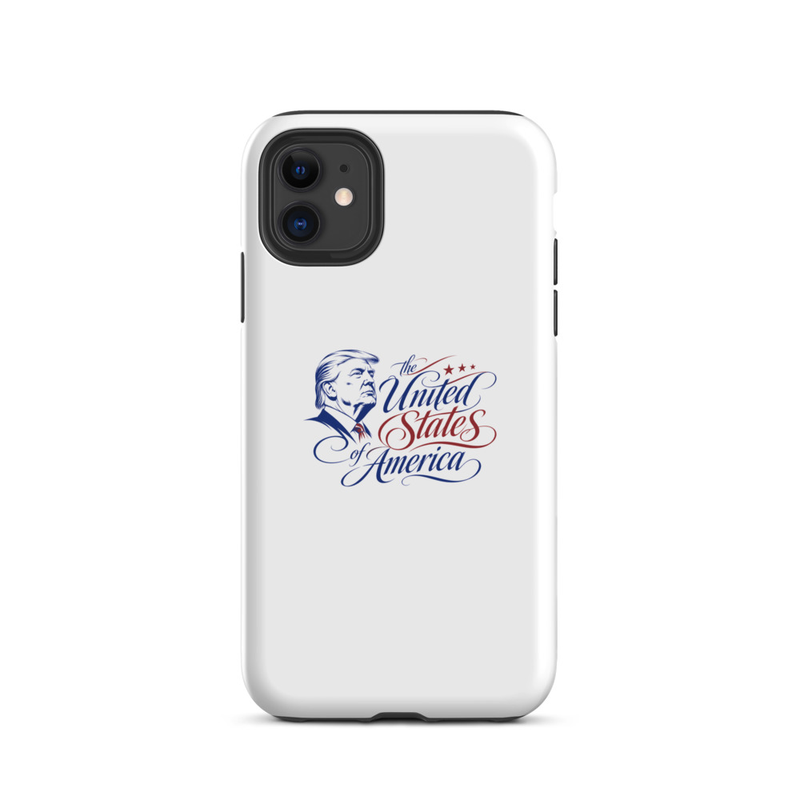 White tough iPhone case with Trump 'The United States of America' design, dual-camera cutout