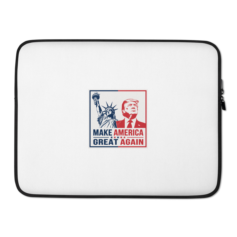 White TRUMP laptop sleeve, angled view showing zipper and MAGA Trump print