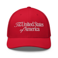Red USA trucker cap with The United States of America embroidered in white, front view