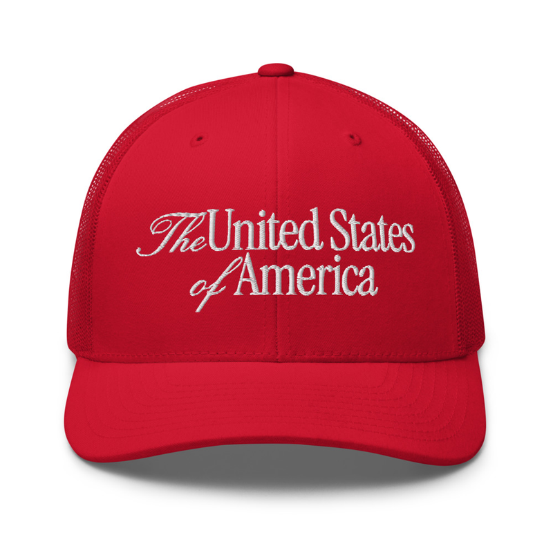 Red USA trucker cap with The United States of America embroidered in white, front view
