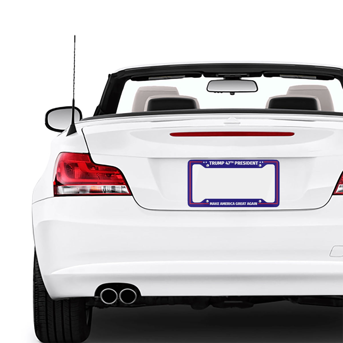 Trump 47th President license plate frame in blue mounted on the rear of a white convertible