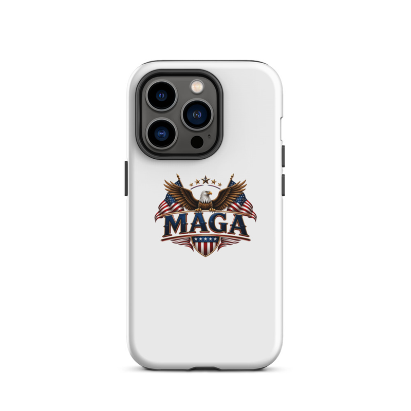 White MAGA eagle tough case for iPhone Pro, triple camera cutout