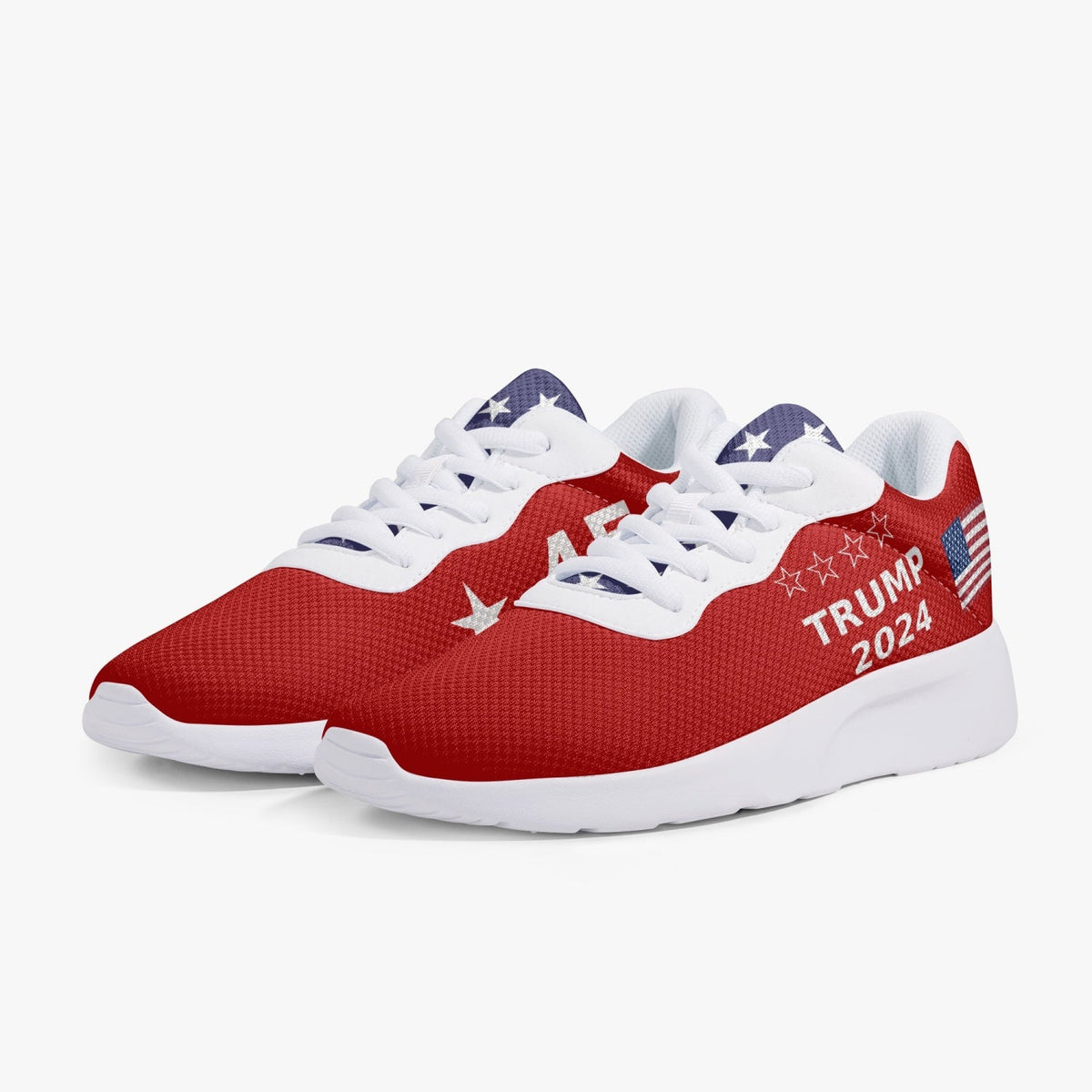 Pair of red Trump 2024 Victory sneakers 47 with white soles, stars and US flag, angled front view