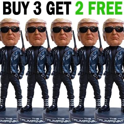 Five Trumpinator bobbleheads, Buy 3 Get 2 Free promo graphic