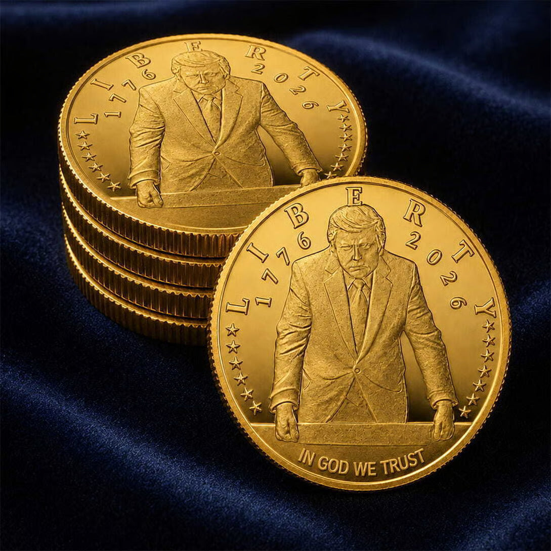 Stack of gold Trump 2026 coins with one upright showing standing Trump on blue velvet