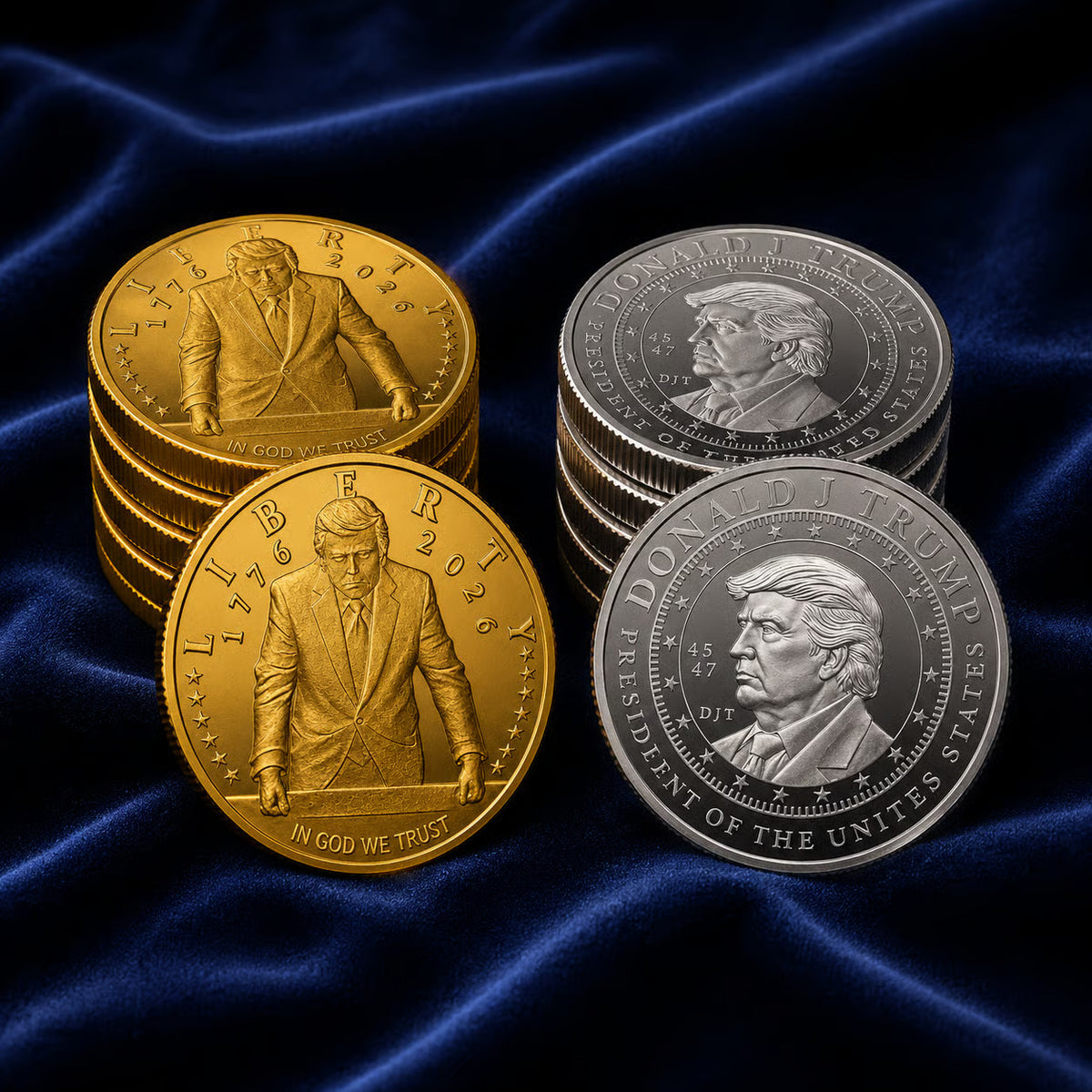 Stacks of Trump 2026 gold Liberty and Donald J Trump silver coins on blue velvet