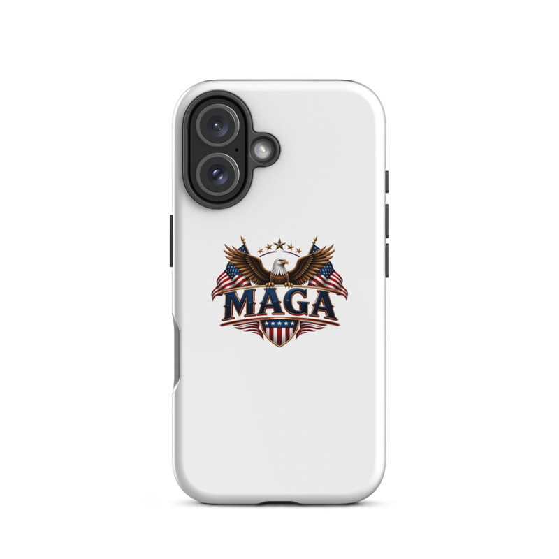 White MAGA eagle tough case for iPhone 16, dual camera cutout