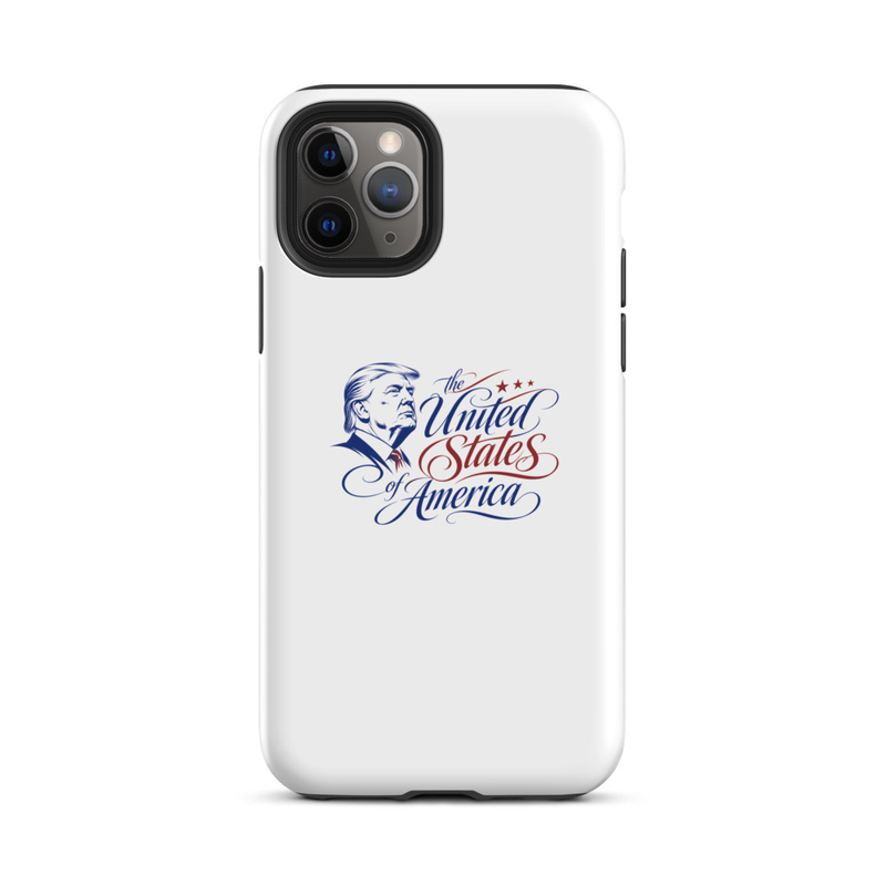 White tough iPhone case with Trump 'The United States of America' design, triple-camera cutout