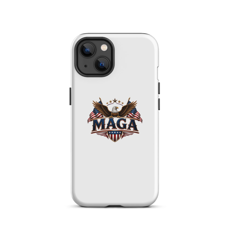 White MAGA eagle tough case for iPhone, dual camera cutout