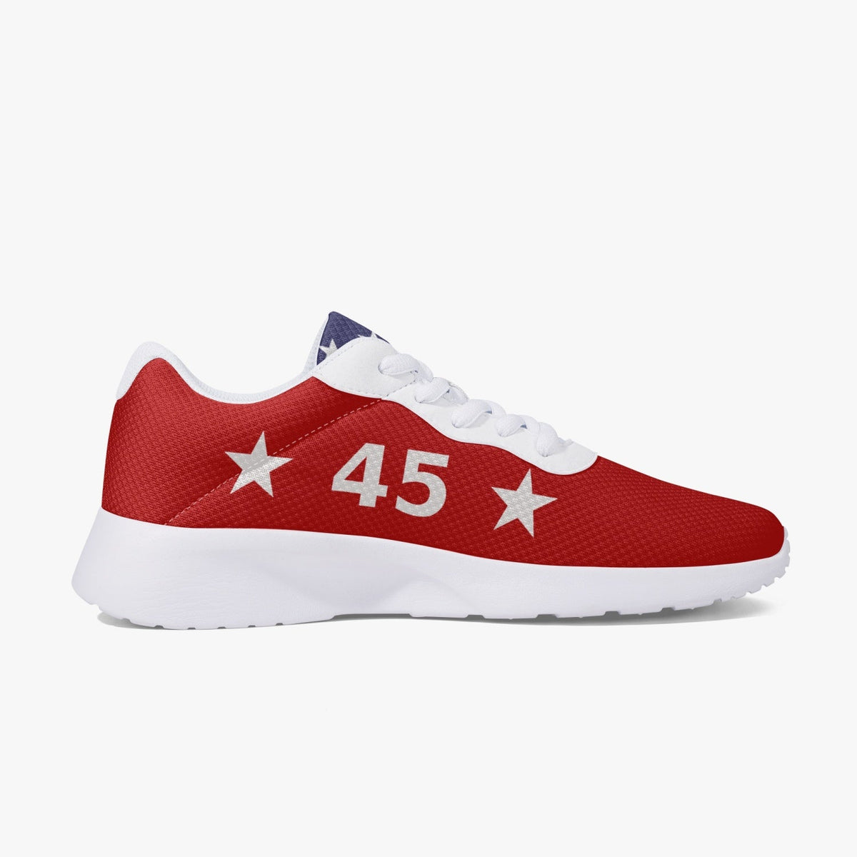 Red Trump 2024 Victory sneaker 47, left side view with US flag and stars, white sole