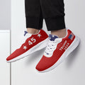 Red Trump 2025 Victory sneakers 47 worn with black pants, showing '45' and 'Trump 2024' with US flag