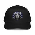 Black MAGA Crown 5 panel cap with embroidered Trump and MAGA design, front view