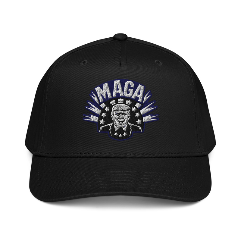 Black MAGA Crown 5 panel cap with embroidered Trump and MAGA design, front view
