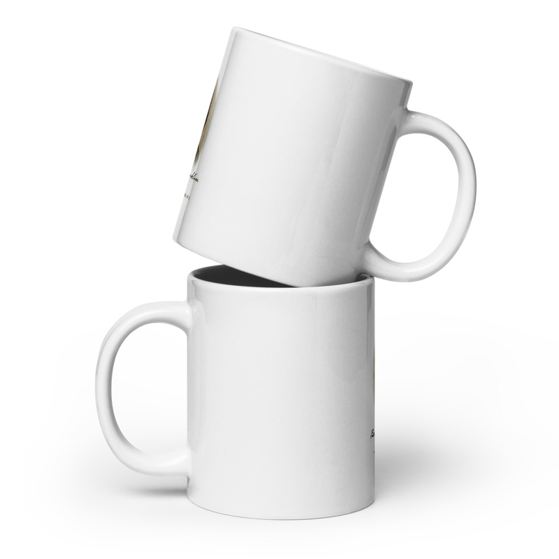 Two stacked white glossy Benjamin Franklin mugs, opposite angle