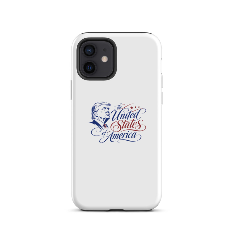 White tough iPhone case with Trump 'The United States of America' design, dual-camera square cutout