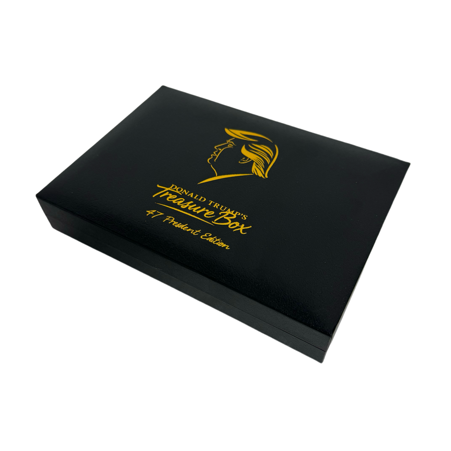 Closed black Donald Trump Treasure Box 47 President Edition with gold Trump profile, angled view
