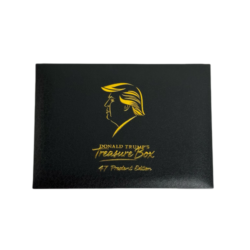 Black leather Donald Trump Treasure Box 47 President Edition with gold Trump profile and title