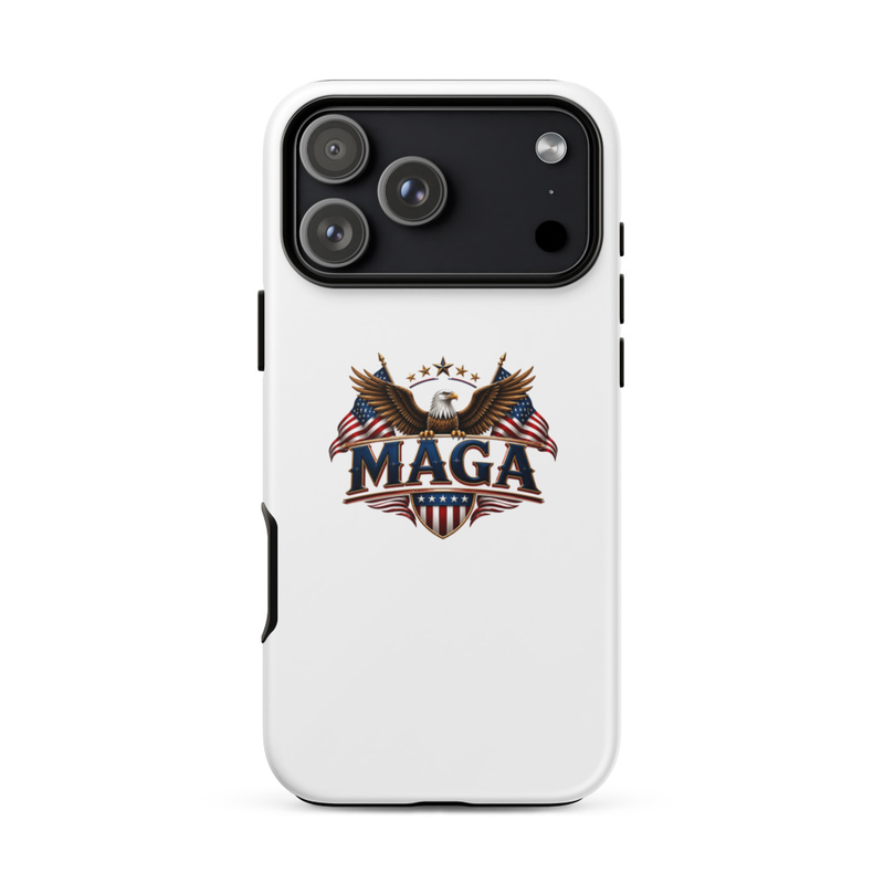 White MAGA eagle tough case for iPhone Pro, triple camera cutout