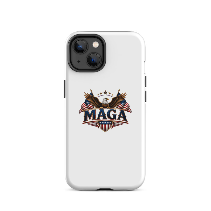 White MAGA eagle tough case for iPhone, dual camera cutout