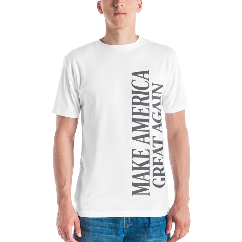 Man wearing white Make America Great Again men's t-shirt, vertical side print