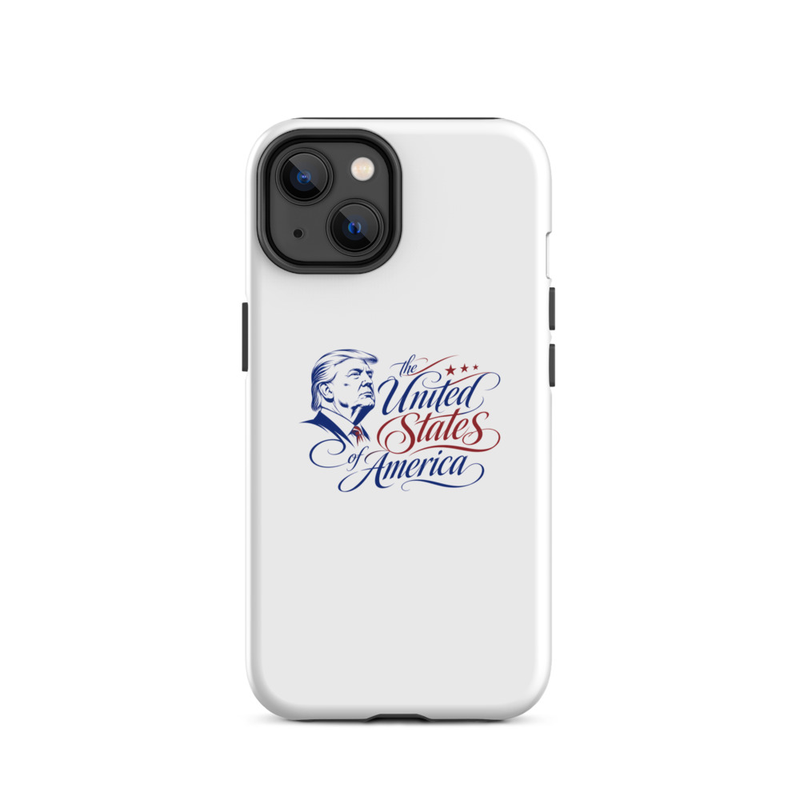 White tough iPhone case with Trump 'The United States of America' design, diagonal dual-camera cutout