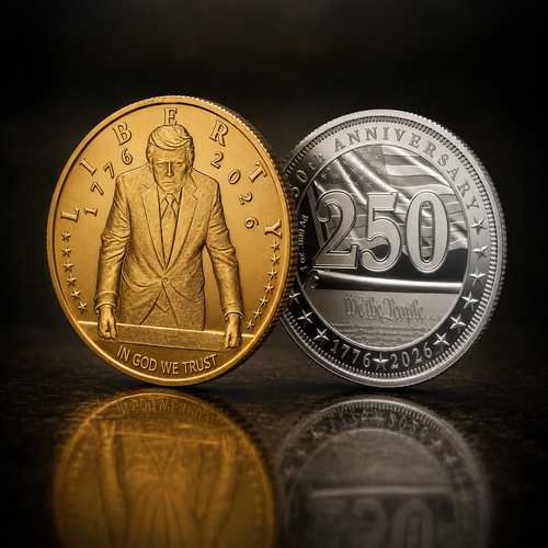 Certified Trump 2026 gold coin and silver 250th anniversary coin standing on dark reflective surface