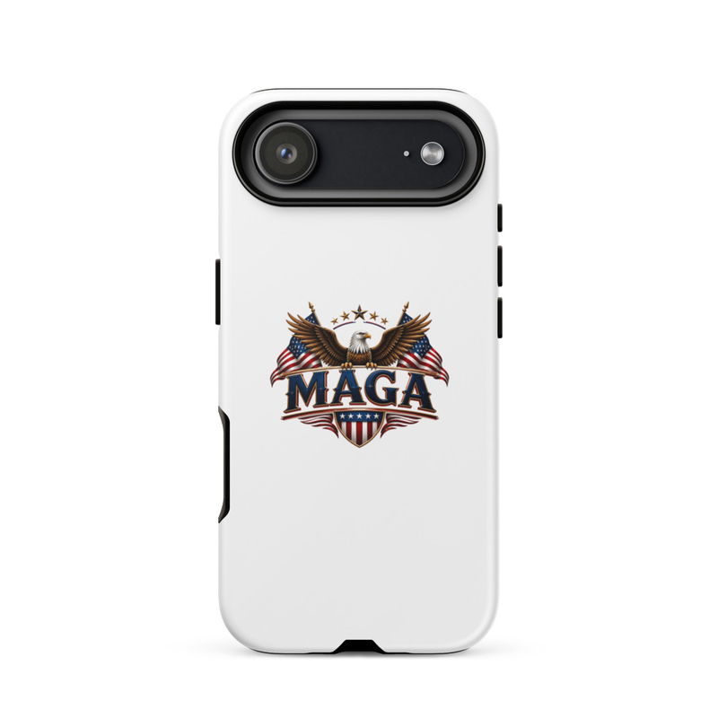 White MAGA eagle tough case for iPhone, pill-shaped camera cutout