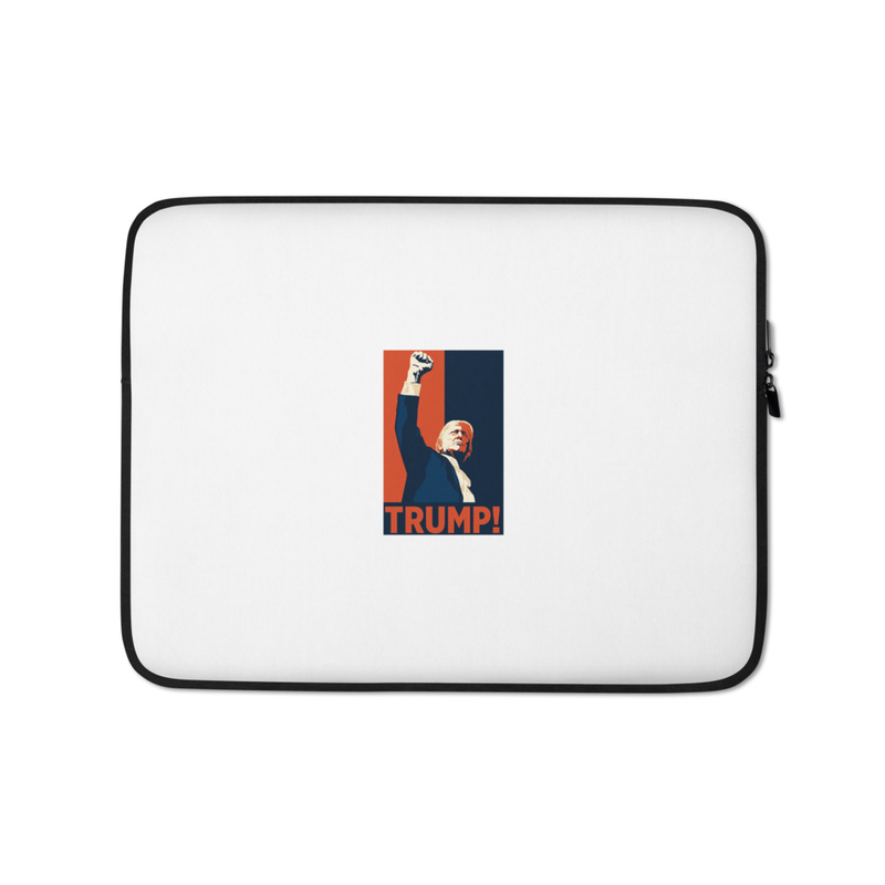 White Trump laptop sleeve with raised-fist Trump poster art and TRUMP! text, side zipper