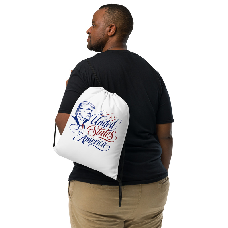 Trump America drawstring bag worn on a man's back, Trump United States of America design in white