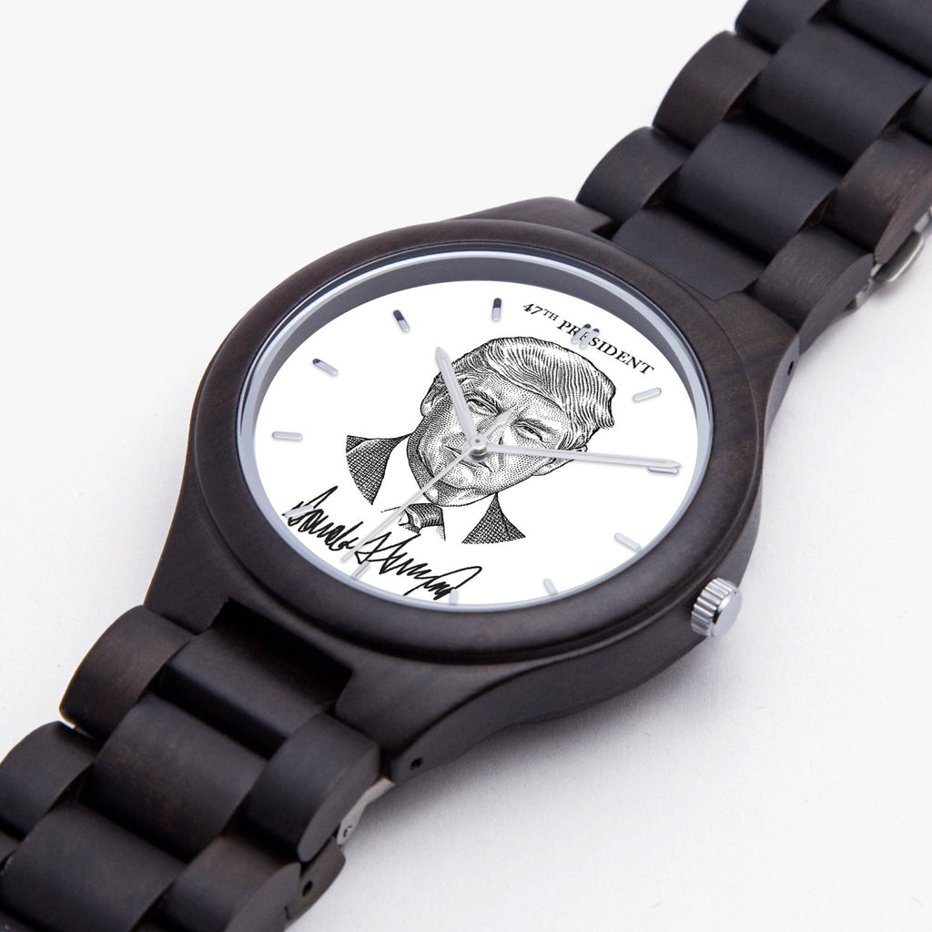 Victory Black Trump President 47 watch, angled close-up of dark wood band and 47th President dial