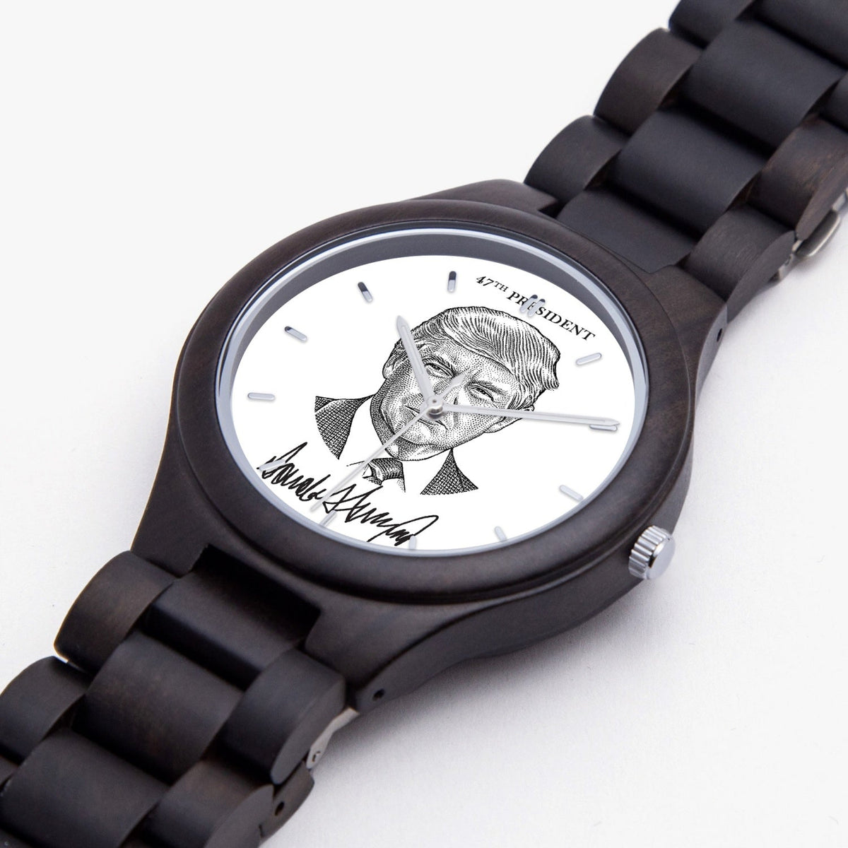 Victory Black Trump President 47 watch, angled close-up of dark wood band and 47th President dial
