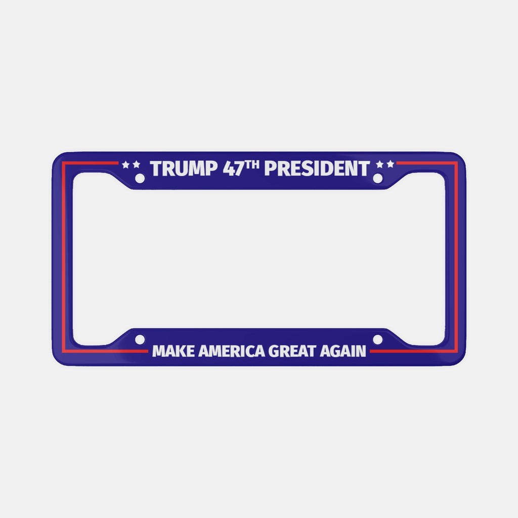 Trump 47th President Make America Great Again blue license plate frame, front view