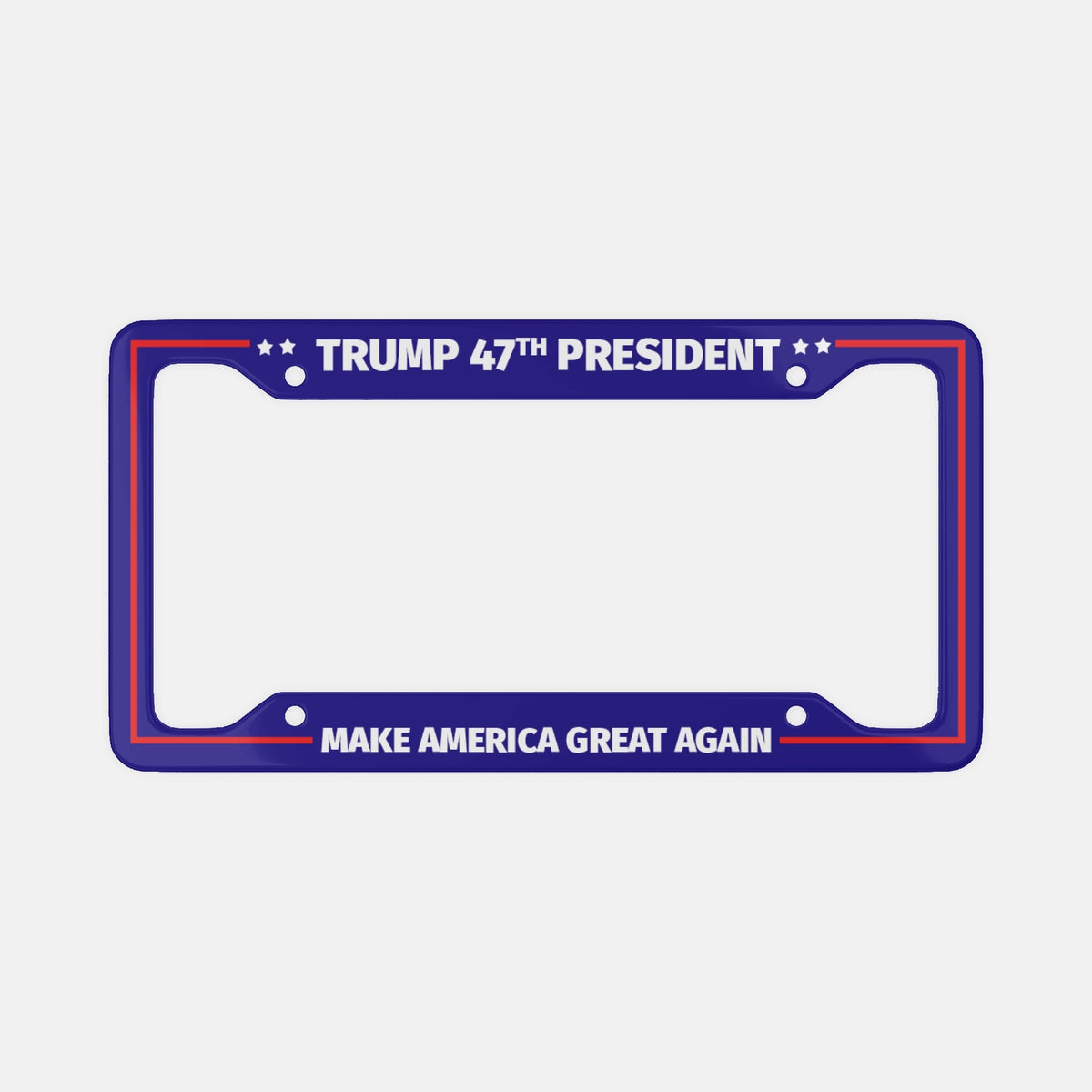 Trump 47th President Make America Great Again blue license plate frame, front view