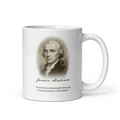 White glossy mug with James Madison portrait and quote 'A well-instructed people alone can be permanently a free people'