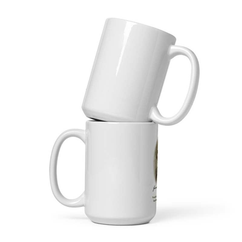 Two stacked white glossy mugs, side and handle view