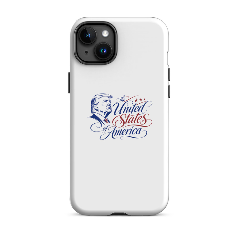 White tough iPhone case with Trump 'The United States of America' design, diagonal dual-camera cutout