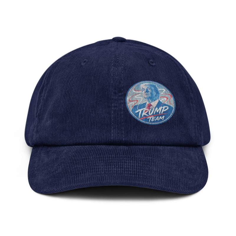 Navy corduroy Trump Team dad hat with embroidered Trump portrait patch