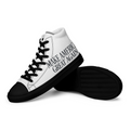 White men's high top canvas shoes with black soles and Make America Great Again side text