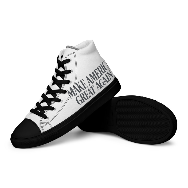 White men's high top canvas shoes with black soles and Make America Great Again side text
