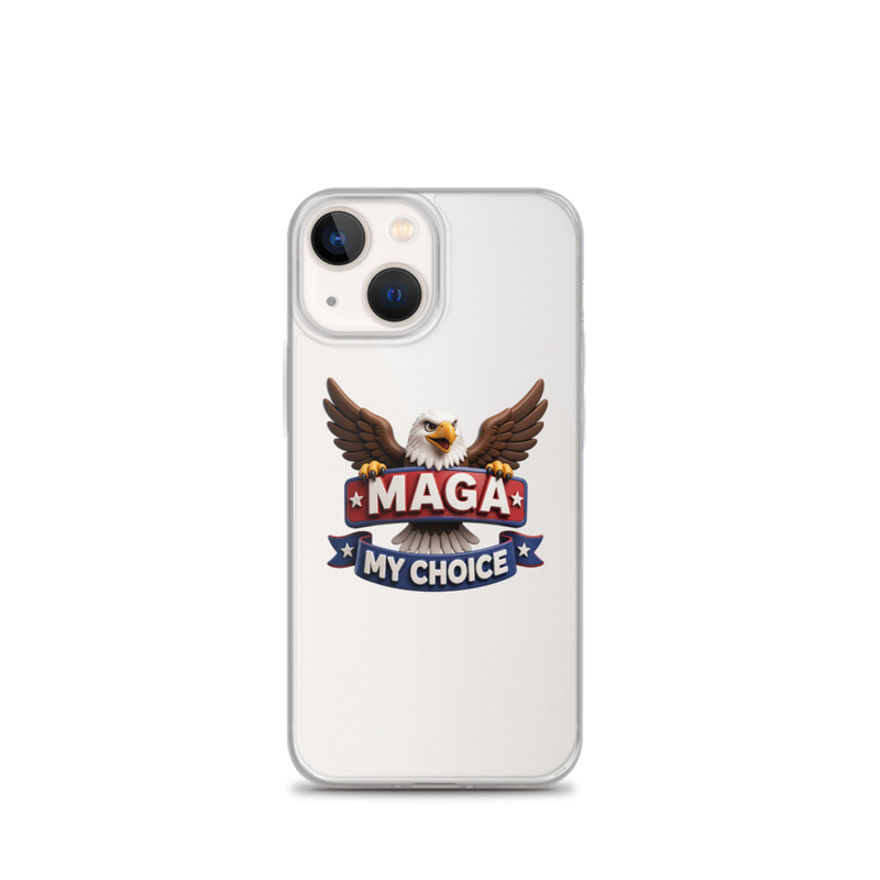 MAGA My Choice clear iPhone case with bald eagle design on a silver iPhone