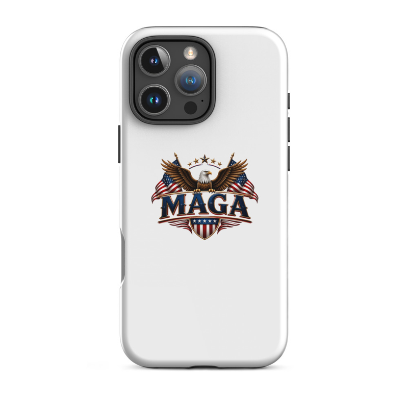 White MAGA eagle tough case for iPhone Pro Max, triple camera cutout