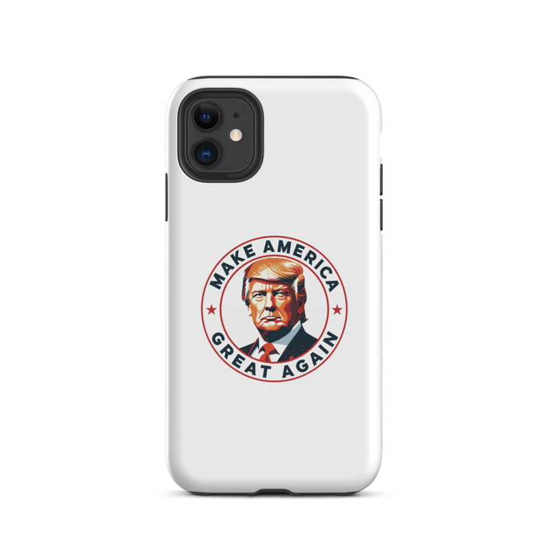 America Tough Case for iPhone in white with red Make America Great Again Trump emblem, dual-camera iPhone