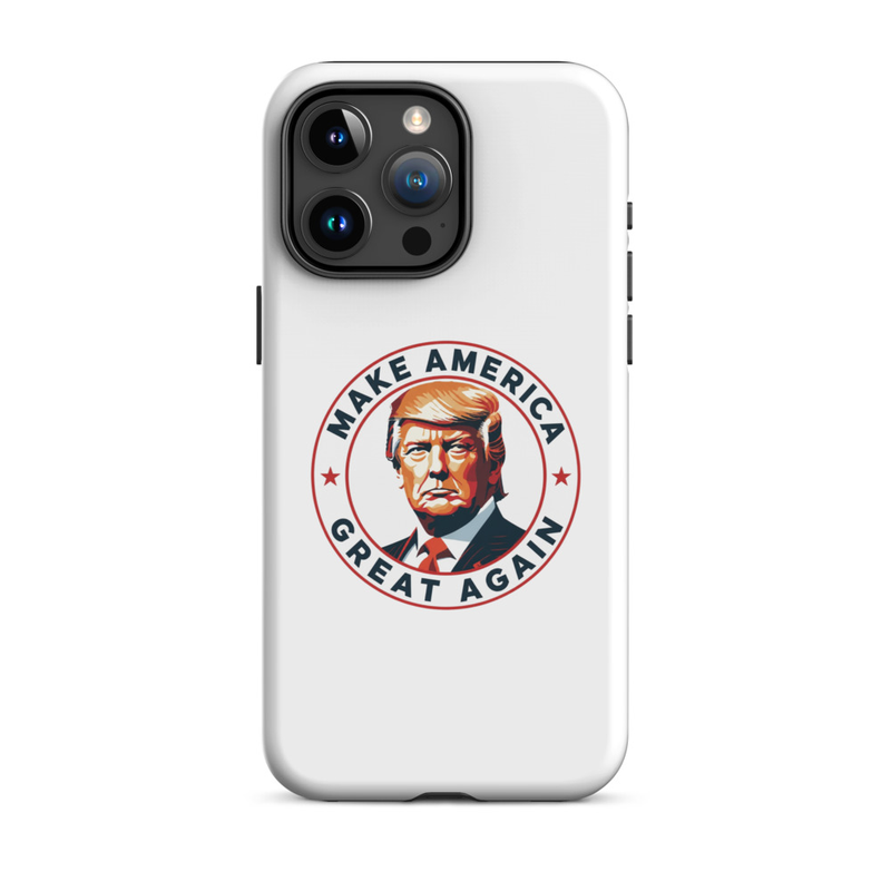 White MAGA Trump emblem America Tough iPhone case, triple-camera iPhone back view