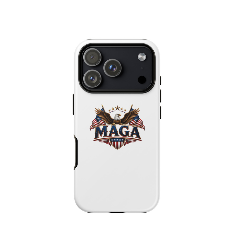 White MAGA eagle tough case for iPhone Pro, square triple camera cutout
